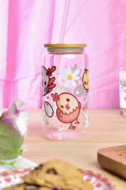 Chicken Glass Can Tumbler with Straw – 16 oz Cute Iced Coffee Cup