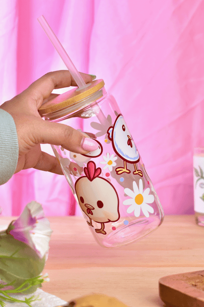 Chicken Glass Can Tumbler with Straw – 16 oz Cute Iced Coffee Cup