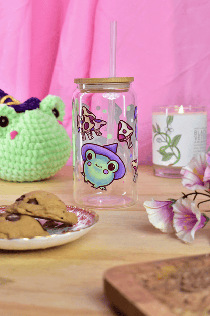 Witchy Frog Glass Can Tumbler with Straw – 16 oz Cute Iced Coffee Cup