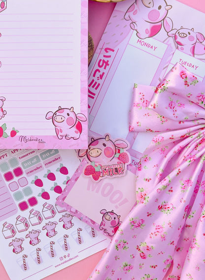 Strawberry Milk Cow Stationery Gift Set – Deluxe Planner & Sticker Bundle