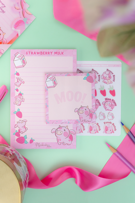 Strawberry Milk Cow Stationery Gift Set – Mini Planner Bundle