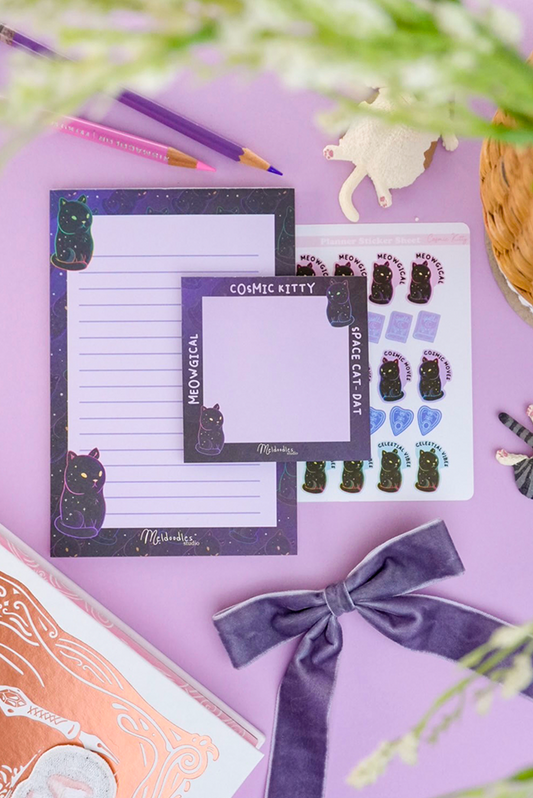 Black Cosmic Kitty Stationery Gift Et- Mini Planner Bundle