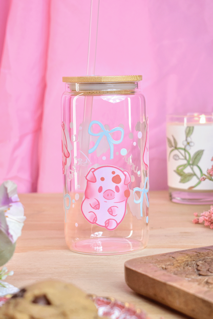 Lil' Piggies Glass Can Tumbler with Straw – 16 oz Cute Iced Coffee Cup