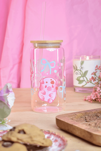 Lil' Piggies Glass Can Tumbler with Straw – 16 oz Cute Iced Coffee Cup