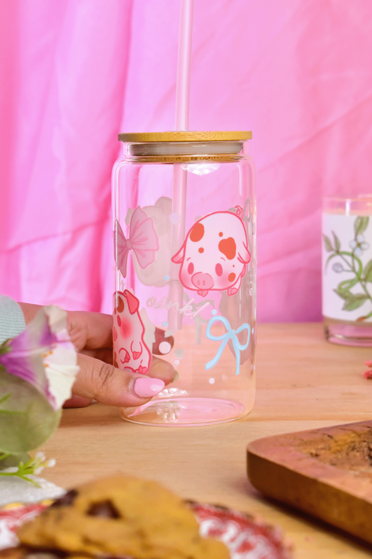 Lil' Piggies Glass Can Tumbler with Straw – 16 oz Cute Iced Coffee Cup