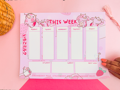 Strawberry Milk Cow Weekly Planner Notepad – 8.5 x 11 Cute Desk Planner Pad