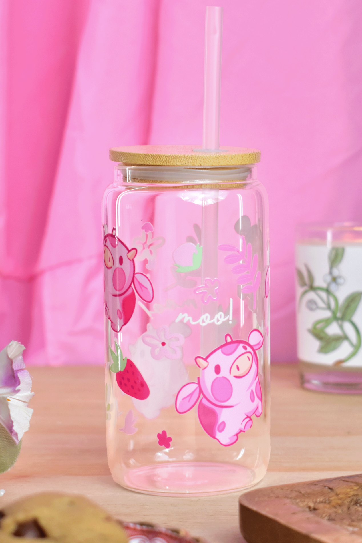 Pink Strawberry MIlk Cow Glass Can Tumbler with Straw – 16 oz Cute Iced Coffee Cup
