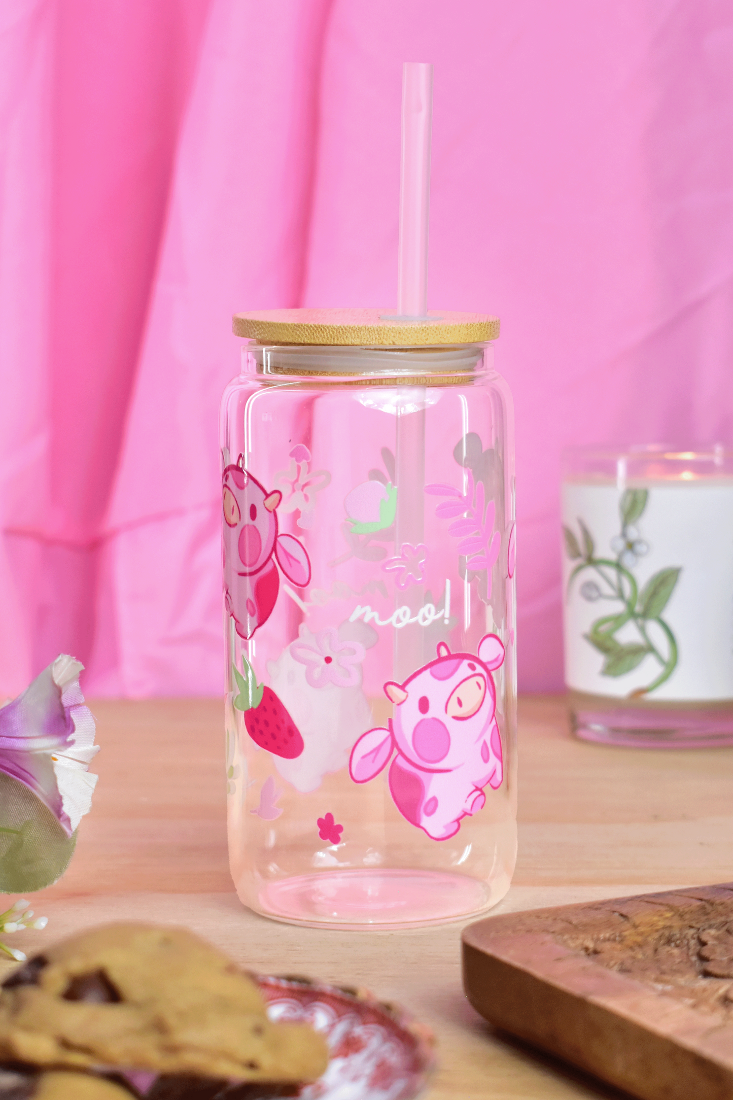 Pink Strawberry MIlk Cow Glass Can Tumbler with Straw – 16 oz Cute Iced Coffee Cup