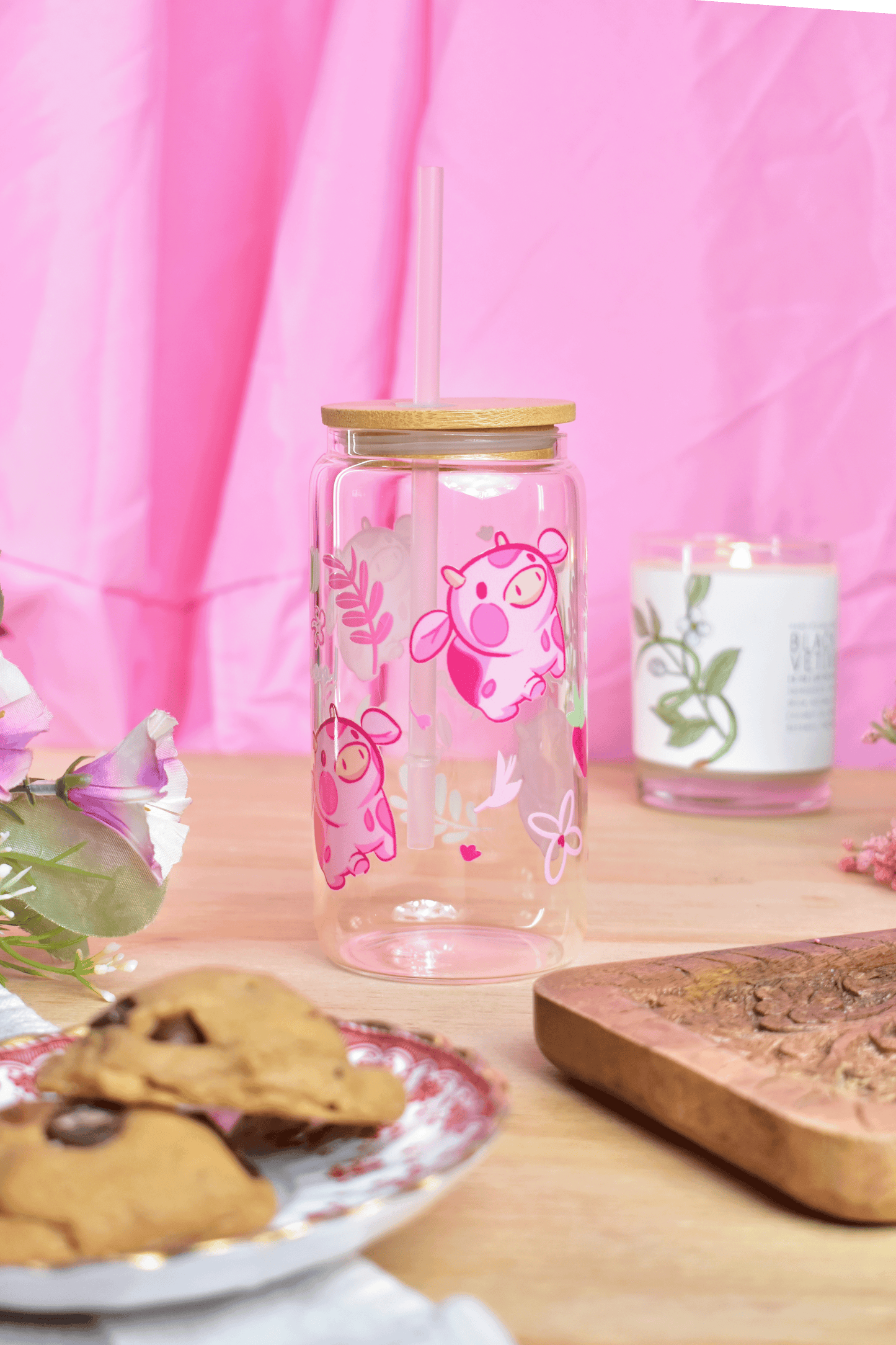 Pink Strawberry MIlk Cow Glass Can Tumbler with Straw – 16 oz Cute Iced Coffee Cup