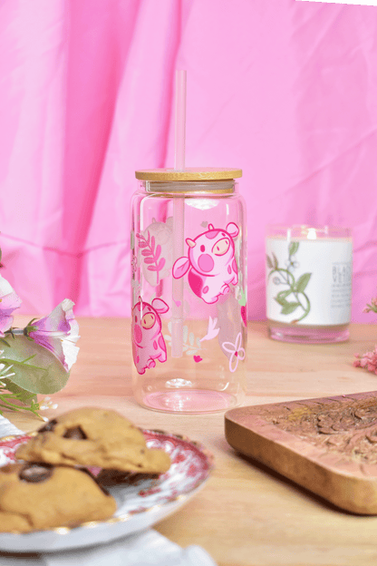 Pink Strawberry MIlk Cow Glass Can Tumbler with Straw – 16 oz Cute Iced Coffee Cup