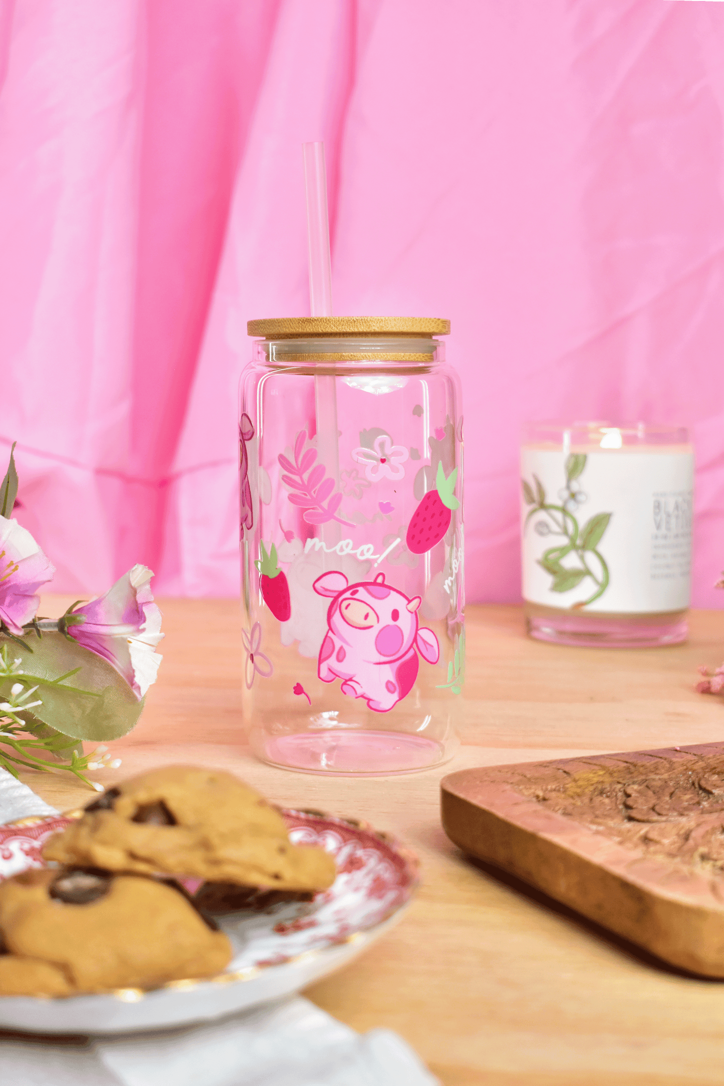 Pink Strawberry MIlk Cow Glass Can Tumbler with Straw – 16 oz Cute Iced Coffee Cup