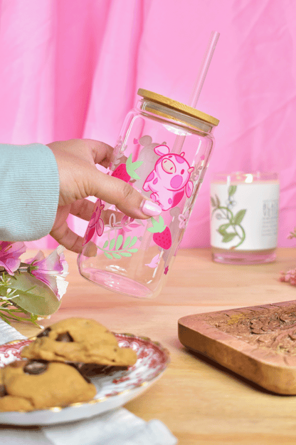 Pink Strawberry MIlk Cow Glass Can Tumbler with Straw – 16 oz Cute Iced Coffee Cup