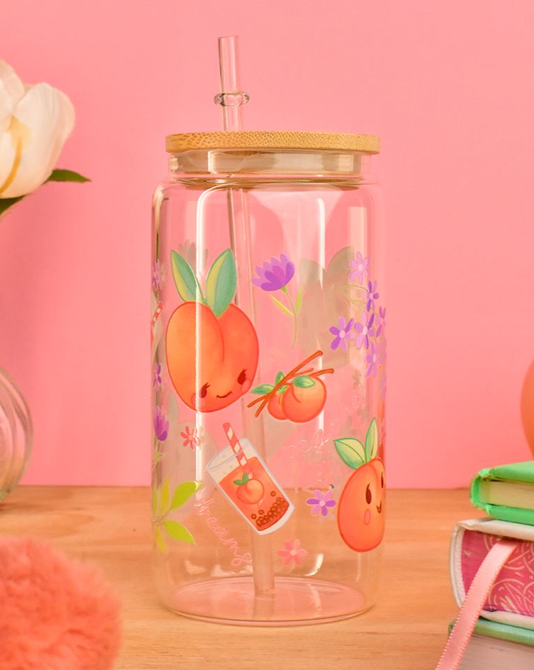Just Peachy Glass Can Tumbler with Straw- – 16 oz Cute Iced Coffee Cup