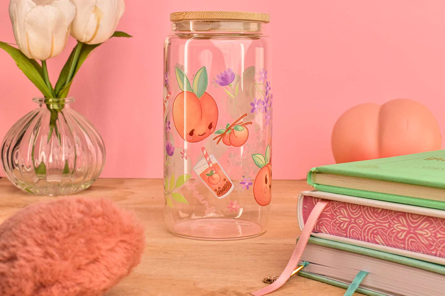 Just Peachy Glass Can Tumbler with Straw- – 16 oz Cute Iced Coffee Cup
