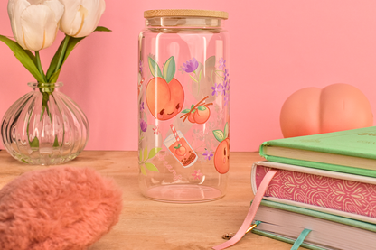 Just Peachy Glass Can Tumbler with Straw- – 16 oz Cute Iced Coffee Cup