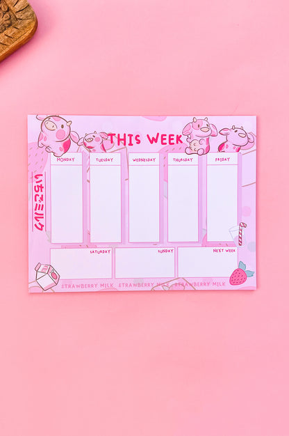 Strawberry Milk Cow Weekly Planner Notepad – 8.5 x 11 Cute Desk Planner Pad
